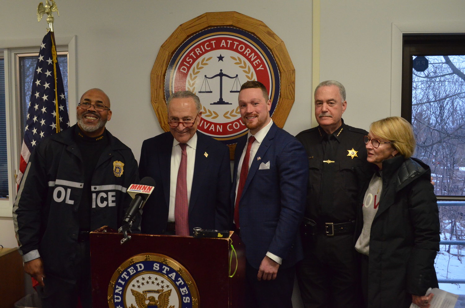 A member of law enforcement, left, Senator Chuck Schumer, District Attorney Brian Conaty, Sheriff Mike Schiff and Assemblywoman Aileen Gunther gather following a meeting to discuss Sullivan County’s HIDTA application.